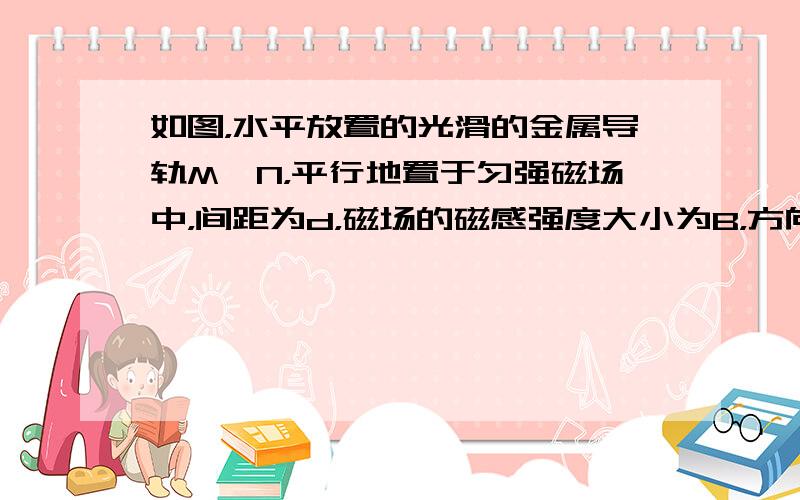 如图，水平放置的光滑的金属导轨M、N，平行地置于匀强磁场中，间距为d，磁场的磁感强度大小为B，方向与导轨平面夹为α，金属