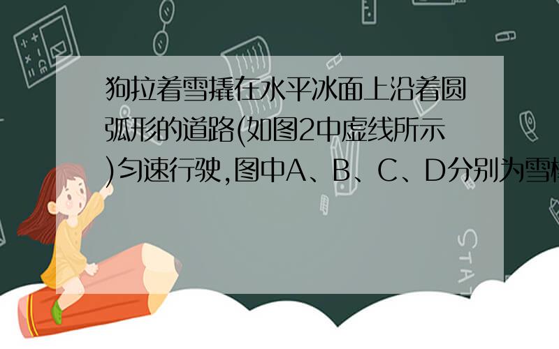 狗拉着雪撬在水平冰面上沿着圆弧形的道路(如图2中虚线所示)匀速行驶,图中A、B、C、D分别为雪橇受到的牵引力F及摩擦力f