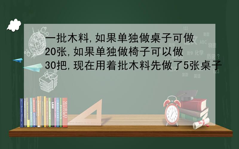 一批木料,如果单独做桌子可做20张,如果单独做椅子可以做30把,现在用着批木料先做了5张桌子