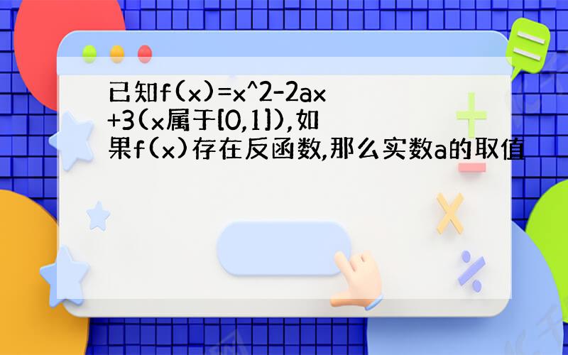 已知f(x)=x^2-2ax+3(x属于[0,1]),如果f(x)存在反函数,那么实数a的取值