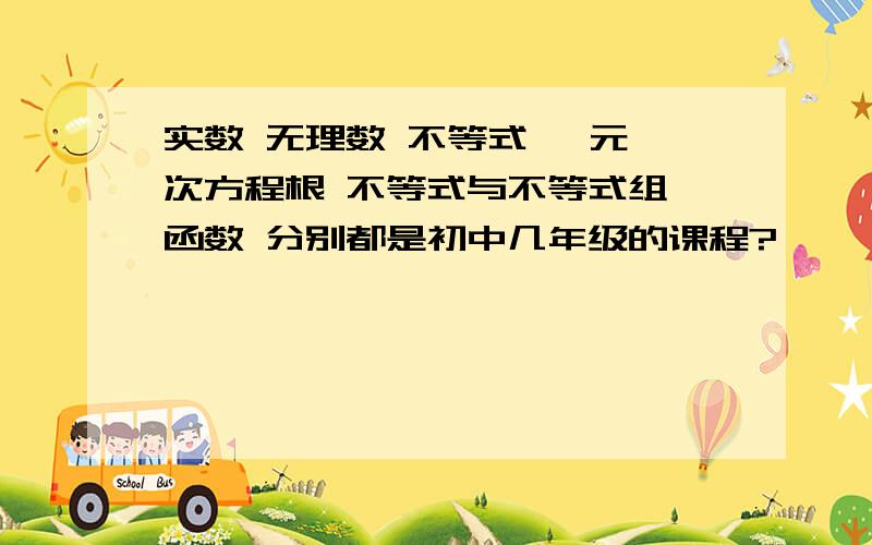 实数 无理数 不等式 一元一次方程根 不等式与不等式组 函数 分别都是初中几年级的课程?