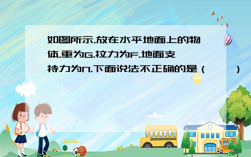 如图所示，放在水平地面上的物体，重为G，拉力为F，地面支持力为N，下面说法不正确的是（　　）