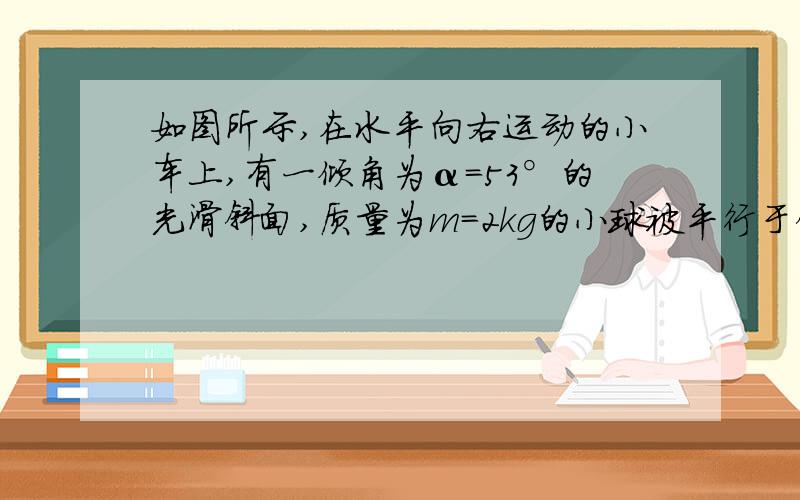 如图所示,在水平向右运动的小车上,有一倾角为α=53°的光滑斜面,质量为m=2kg的小球被平行于斜面的细绳系住并静止在斜