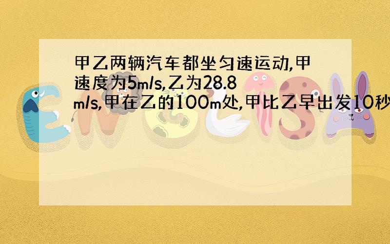 甲乙两辆汽车都坐匀速运动,甲速度为5m/s,乙为28.8m/s,甲在乙的100m处,甲比乙早出发10秒,乙何时追上甲?