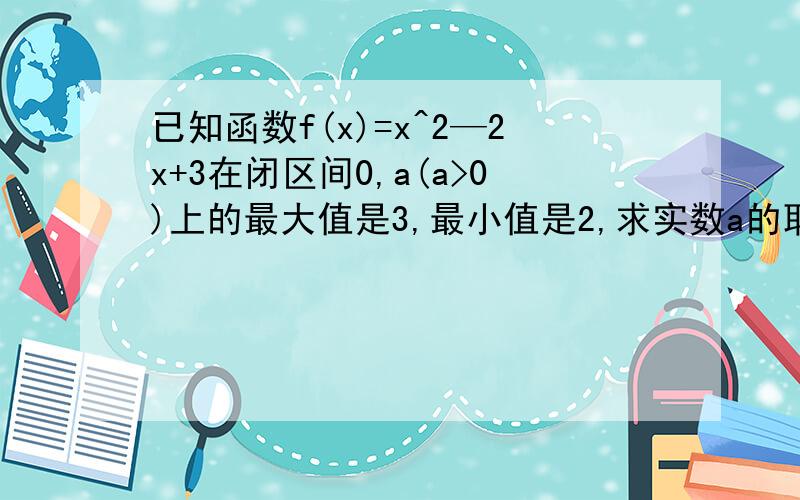 已知函数f(x)=x^2—2x+3在闭区间0,a(a>0)上的最大值是3,最小值是2,求实数a的取值范围