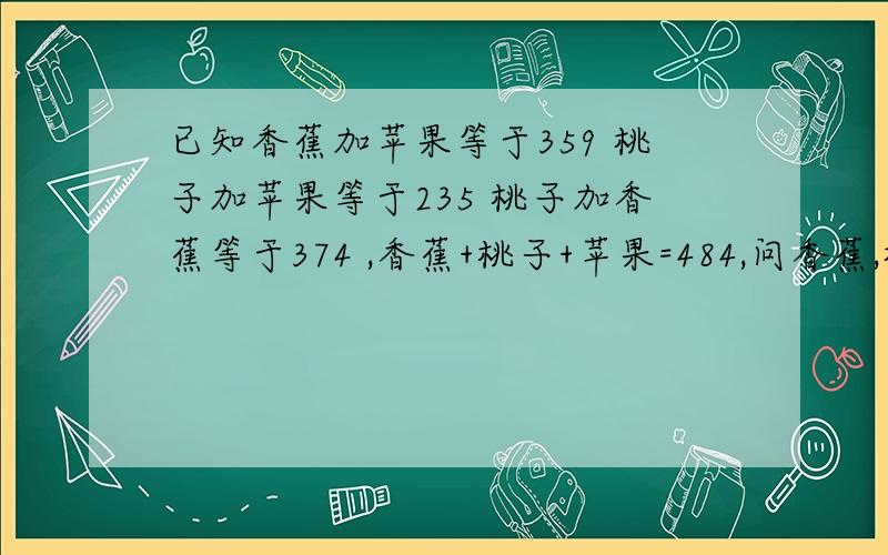 已知香蕉加苹果等于359 桃子加苹果等于235 桃子加香蕉等于374 ,香蕉+桃子+苹果=484,问香蕉,桃子,苹果各为