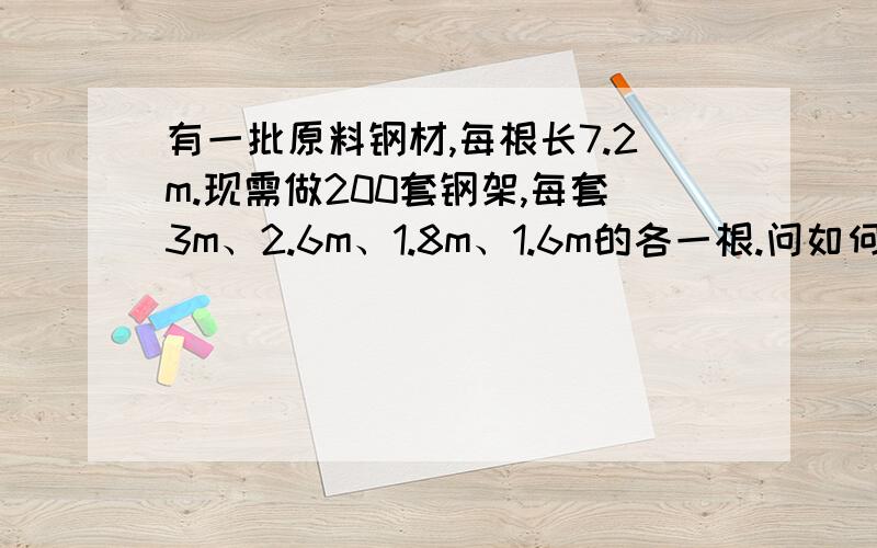 有一批原料钢材,每根长7.2m.现需做200套钢架,每套3m、2.6m、1.8m、1.6m的各一根.问如何下料,才能使得