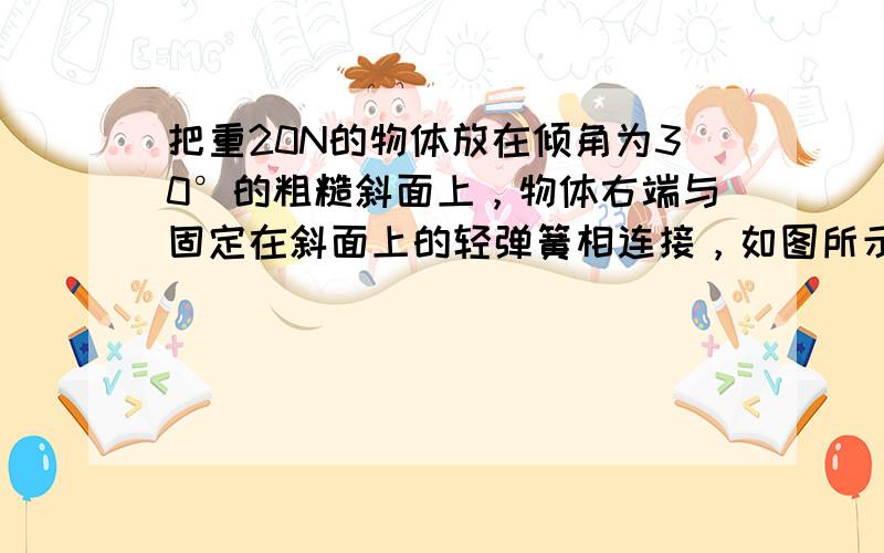 把重20N的物体放在倾角为30°的粗糙斜面上，物体右端与固定在斜面上的轻弹簧相连接，如图所示，若物体与斜面间的最大静摩擦