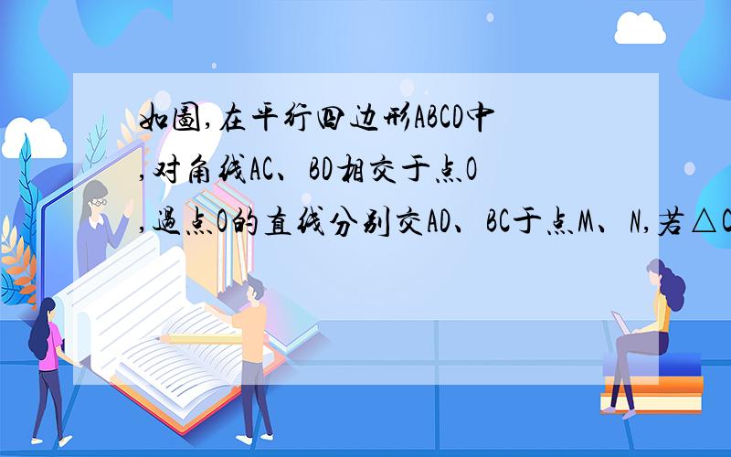 如图,在平行四边形ABCD中,对角线AC、BD相交于点O,过点O的直线分别交AD、BC于点M、N,若△CON的面积为2