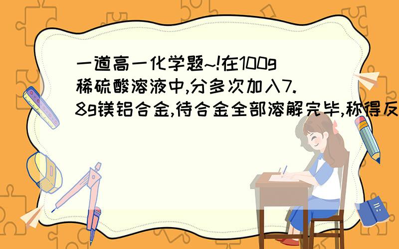 一道高一化学题~!在100g稀硫酸溶液中,分多次加入7.8g镁铝合金,待合金全部溶解完毕,称得反应后溶液的质量为107g