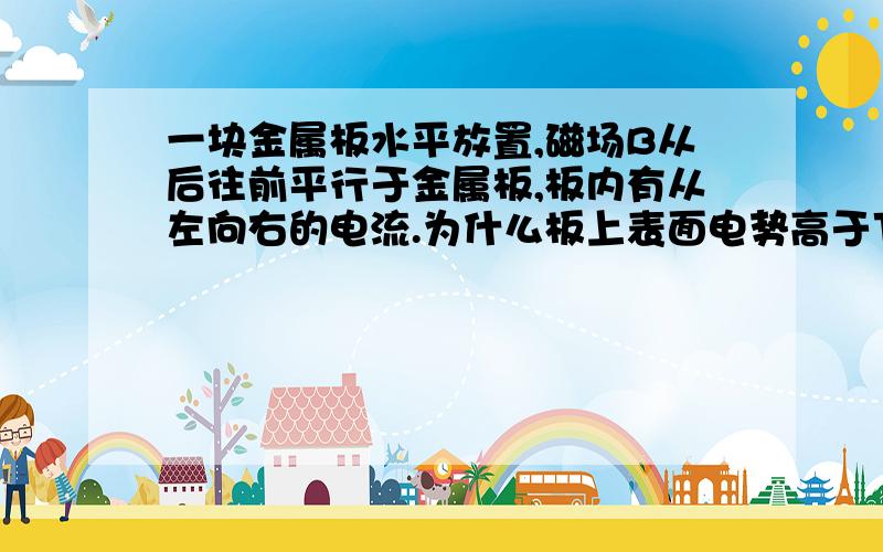 一块金属板水平放置,磁场B从后往前平行于金属板,板内有从左向右的电流.为什么板上表面电势高于下表面?