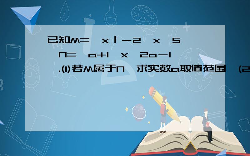 已知M=｛x｜－2≤x≤5｝,N=｛a+1≤x≤2a－1｝.(1)若M属于N,求实数a取值范围,(2)若N属于M,求实数