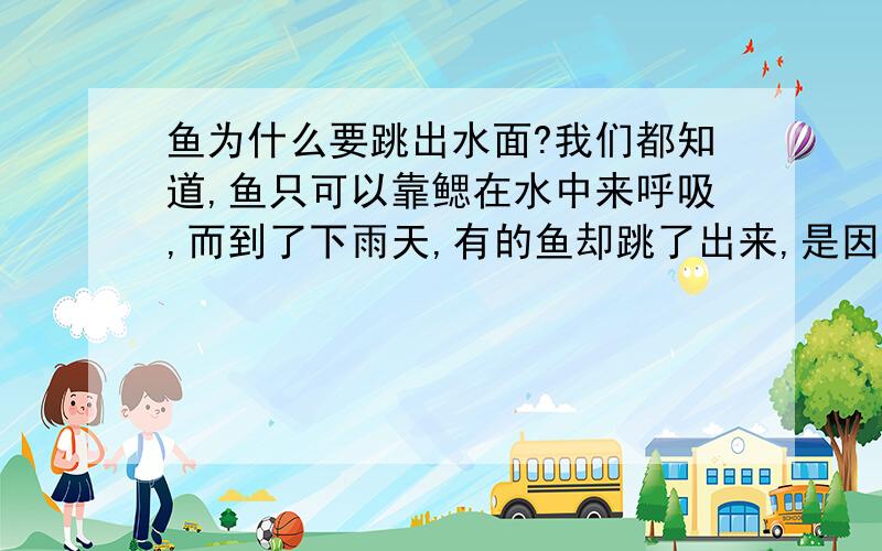 鱼为什么要跳出水面?我们都知道,鱼只可以靠鳃在水中来呼吸,而到了下雨天,有的鱼却跳了出来,是因为它缺氧吗,既然是,那么它