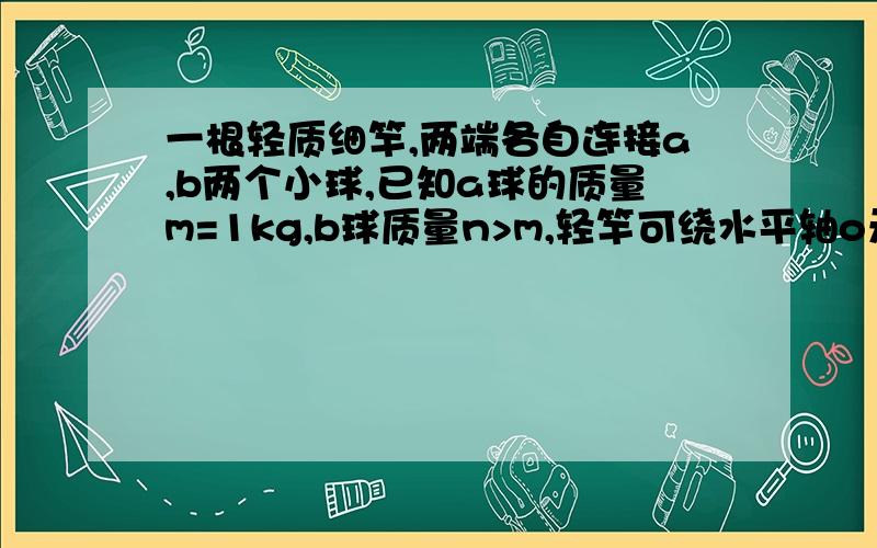 一根轻质细竿,两端各自连接a,b两个小球,已知a球的质量m=1kg,b球质量n>m,轻竿可绕水平轴o无摩擦地转动,o轴为