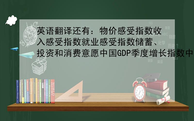 英语翻译还有：物价感受指数收入感受指数就业感受指数储蓄、投资和消费意愿中国GDP季度增长指数中国宏观经济预警指数