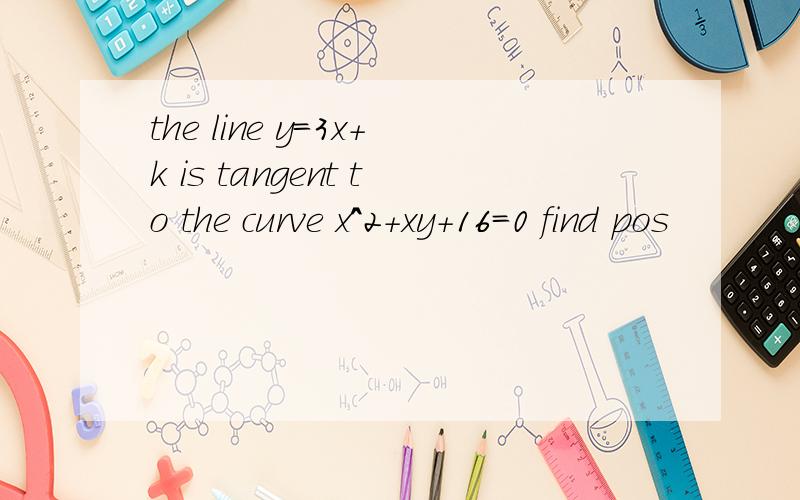 the line y=3x+k is tangent to the curve x^2+xy+16=0 find pos