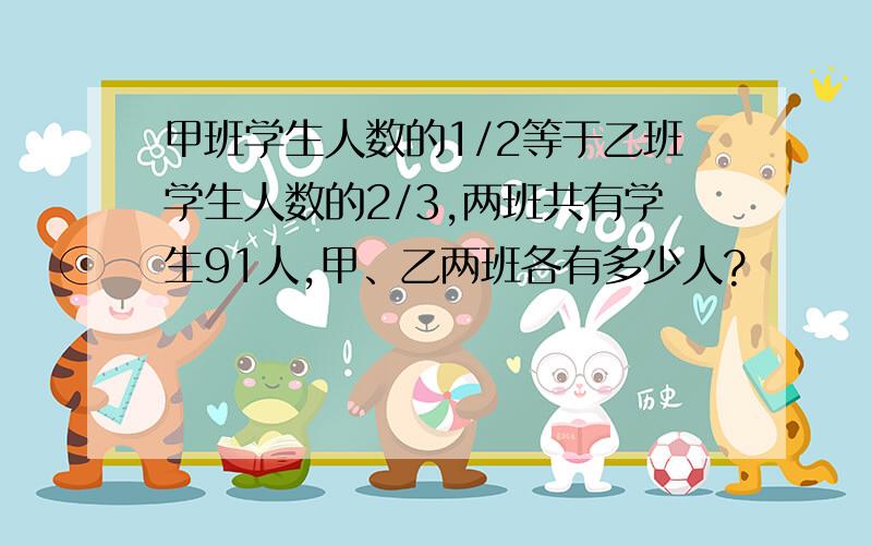 甲班学生人数的1/2等于乙班学生人数的2/3,两班共有学生91人,甲、乙两班各有多少人?