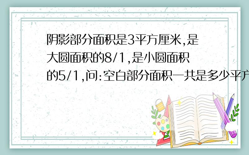 阴影部分面积是3平方厘米,是大圆面积的8/1,是小圆面积的5/1,问:空白部分面积一共是多少平方厘米?