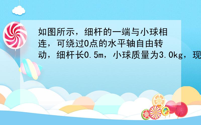 如图所示，细杆的一端与小球相连，可绕过O点的水平轴自由转动，细杆长0.5m，小球质量为3.0kg，现给小球一初速度使它做