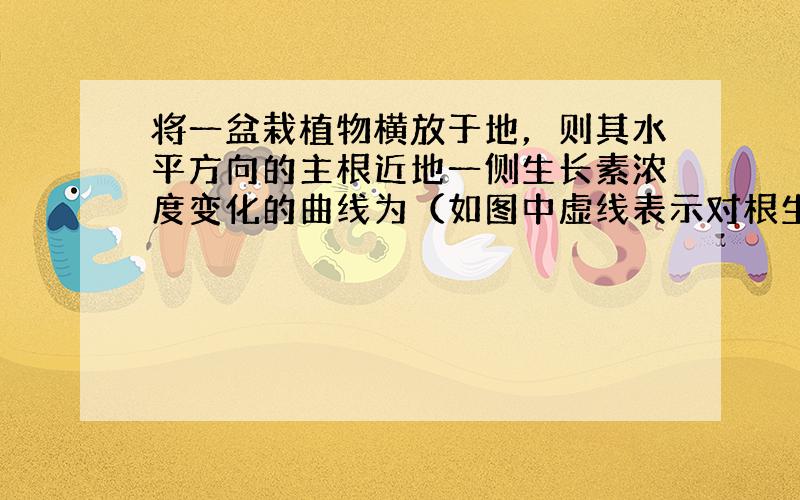 将一盆栽植物横放于地，则其水平方向的主根近地一侧生长素浓度变化的曲线为（如图中虚线表示对根生长既不促进也不抑制的生长素浓