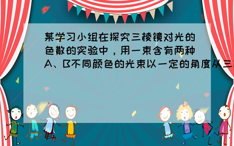 某学习小组在探究三棱镜对光的色散的实验中，用一束含有两种A、B不同颜色的光束以一定的角度从三棱镜的一边射入，并从另一面射