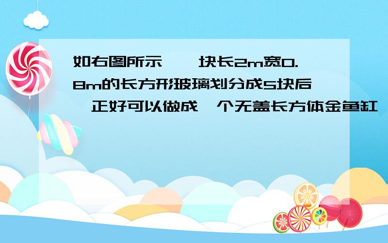 如右图所示,一块长2m宽0.8m的长方形玻璃划分成5块后,正好可以做成一个无盖长方体金鱼缸,