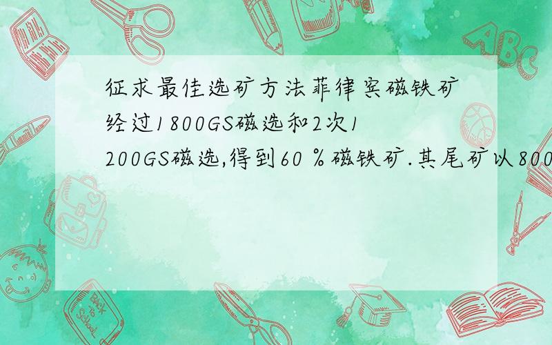 征求最佳选矿方法菲律宾磁铁矿经过1800GS磁选和2次1200GS磁选,得到60％磁铁矿.其尾矿以8000GS继续磁选,