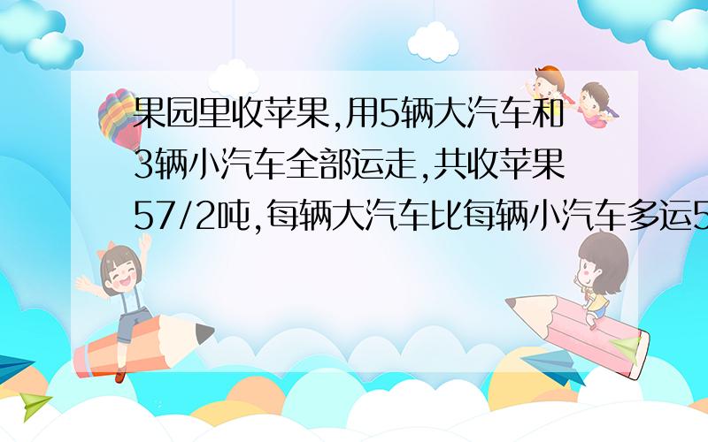 果园里收苹果,用5辆大汽车和3辆小汽车全部运走,共收苹果57/2吨,每辆大汽车比每辆小汽车多运5/2吨.求每辆大汽车和每