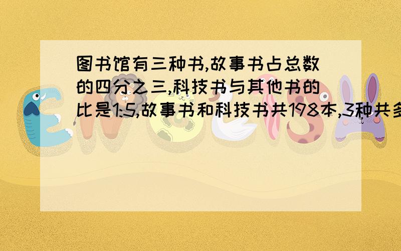 图书馆有三种书,故事书占总数的四分之三,科技书与其他书的比是1:5,故事书和科技书共198本,3种共多少本