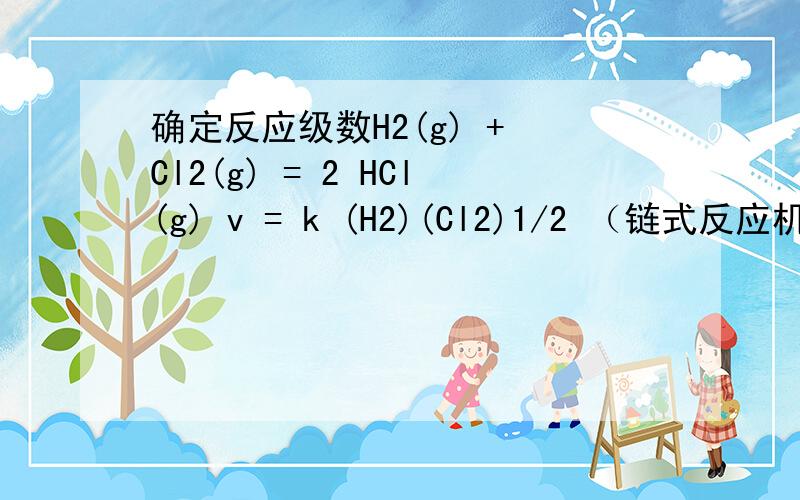 确定反应级数H2(g) + Cl2(g) = 2 HCl(g) v = k (H2)(Cl2)1/2 （链式反应机理）