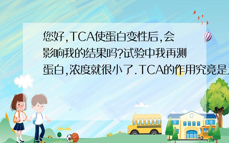 您好,TCA使蛋白变性后,会影响我的结果吗?试验中我再测蛋白,浓度就很小了.TCA的作用究竟是为什么?