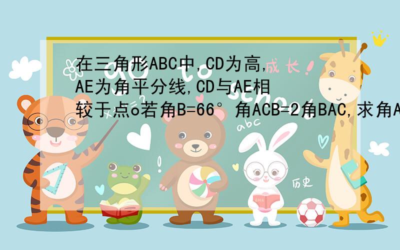 在三角形ABC中,CD为高,AE为角平分线,CD与AE相较于点o若角B=66°角ACB=2角BAC,求角AOC的度数