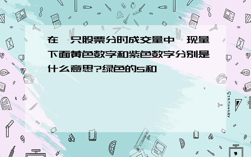 在一只股票分时成交量中,现量下面黄色数字和紫色数字分别是什么意思?绿色的S和