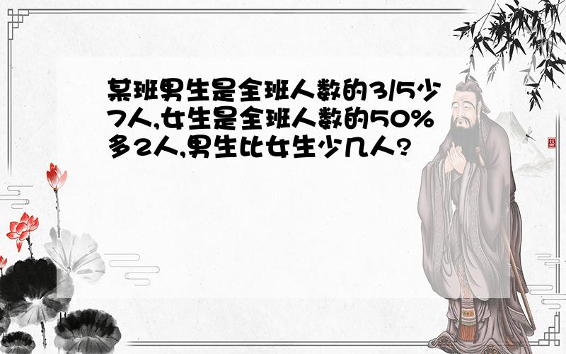 某班男生是全班人数的3/5少7人,女生是全班人数的50%多2人,男生比女生少几人?