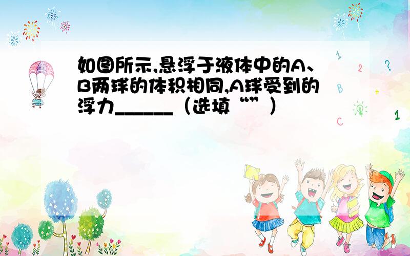 如图所示,悬浮于液体中的A、B两球的体积相同,A球受到的浮力______（选填“”）