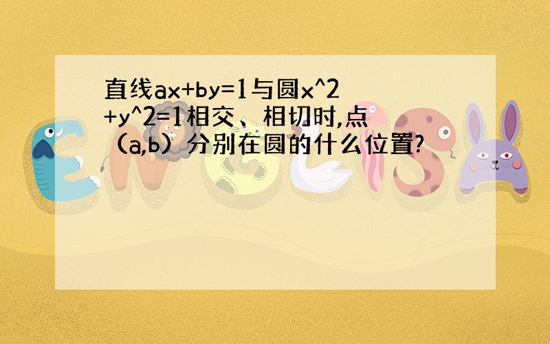 直线ax+by=1与圆x^2+y^2=1相交、相切时,点（a,b）分别在圆的什么位置?