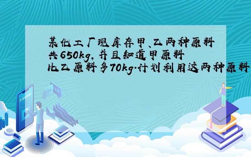 某化工厂现库存甲、乙两种原料共650kg,并且知道甲原料比乙原料多70kg.计划利用这两种原料生产A,B两件产品共50件