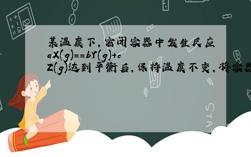 某温度下,密闭容器中发生反应aX(g)==bY(g)+cZ(g)达到平衡后,保持温度不变,将容器的容积压缩到原来容积的一