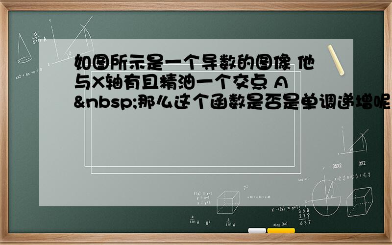 如图所示是一个导数的图像 他与X轴有且精油一个交点 A  那么这个函数是否是单调递增呢?为什么!