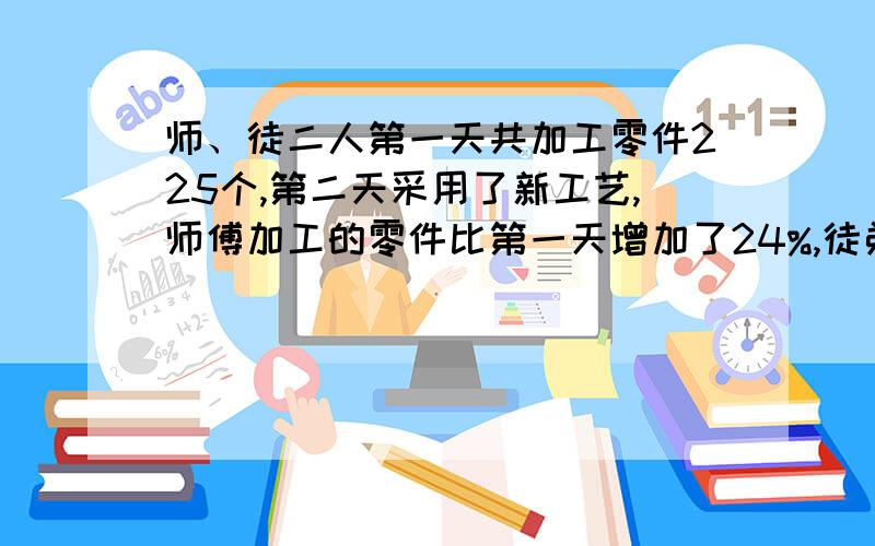 师、徒二人第一天共加工零件225个,第二天采用了新工艺,师傅加工的零件比第一天增加了24%,徒弟增加了45%,两人共加工