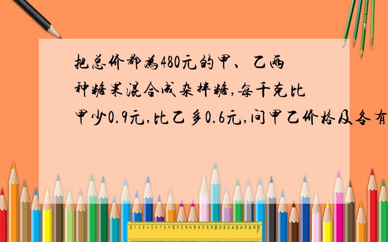 把总价都为480元的甲、乙两种糖果混合成杂拌糖,每千克比甲少0.9元,比乙多0.6元,问甲乙价格及各有几千克