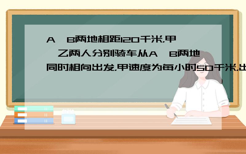 A、B两地相距120千米，甲、乙两人分别骑车从A、B两地同时相向出发，甲速度为每小时50千米，出发后1小时30分钟相遇，