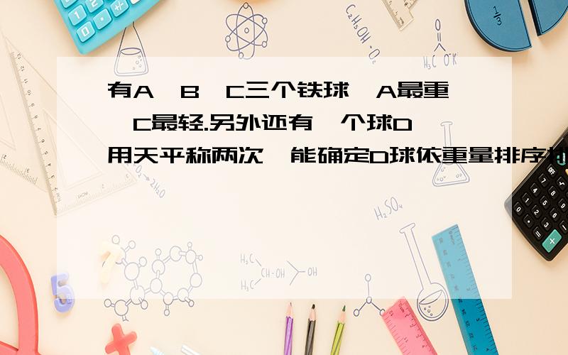 有A、B、C三个铁球,A最重,C最轻.另外还有一个球D,用天平称两次,能确定D球依重量排序排在第几位吗?