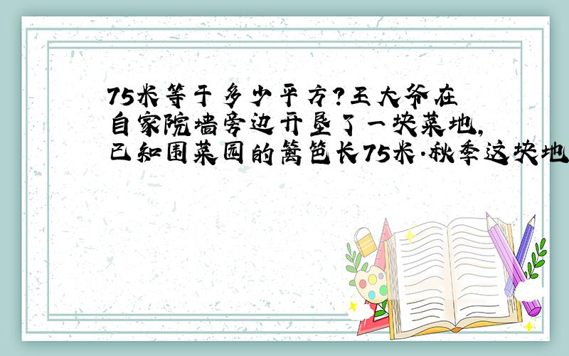 75米等于多少平方?王大爷在自家院墙旁边开垦了一块菜地,已知围菜园的篱笆长75米.秋季这块地平均每平方米菜的收入是14.