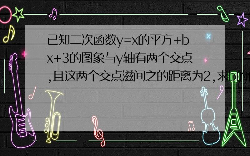 已知二次函数y=x的平方+bx+3的图象与y轴有两个交点,且这两个交点滋间之的距离为2,求b的值