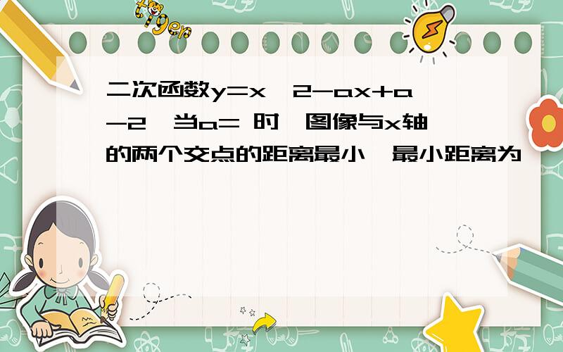 二次函数y=x^2-ax+a-2,当a= 时,图像与x轴的两个交点的距离最小,最小距离为