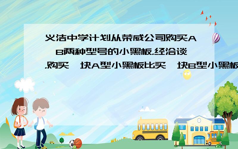 义洁中学计划从荣威公司购买A、B两种型号的小黑板，经洽谈，购买一块A型小黑板比买一块B型小黑板多用20元．且购买5块A型