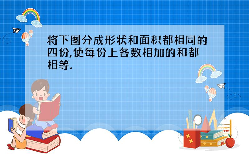 将下图分成形状和面积都相同的四份,使每份上各数相加的和都相等.