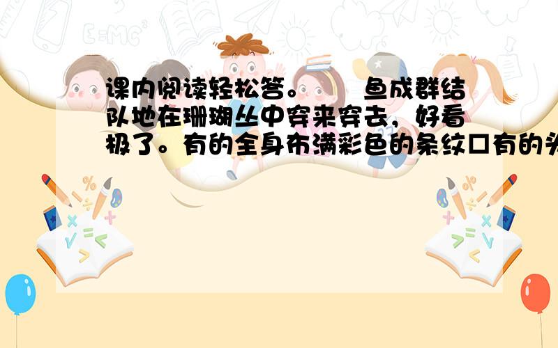 课内阅读轻松答。　　鱼成群结队地在珊瑚丛中穿来穿去，好看极了。有的全身布满彩色的条纹□有的头上长着一簇红缨□有的周身像插