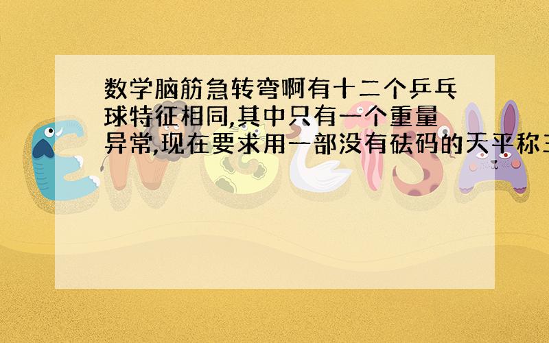 数学脑筋急转弯啊有十二个乒乓球特征相同,其中只有一个重量异常,现在要求用一部没有砝码的天平称三次,将那个重量异常的球找出